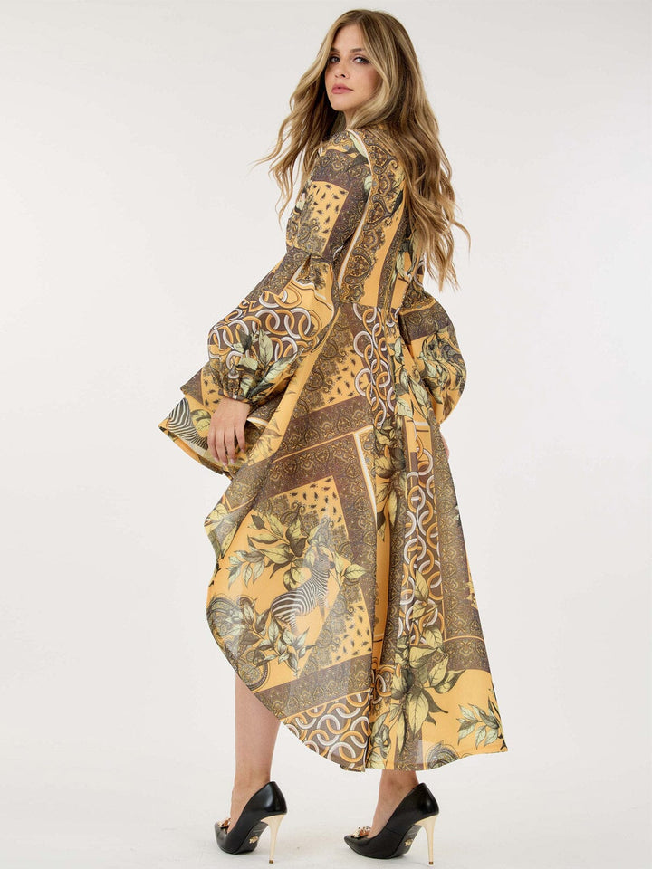 WOMEN'S LONG BALLON SLEEVE HIGH-LOW RUFFLE MULTI PRINT MINI DRESS