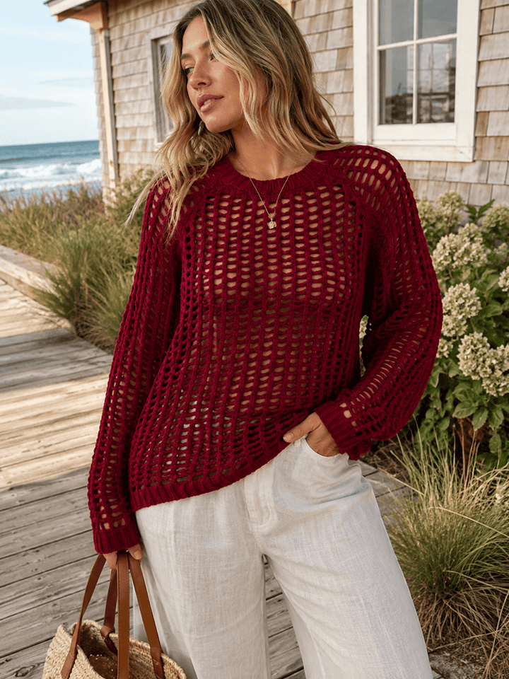 WOMEN'S LONG SLEEVE CROCHET PULLOVER SWEATER