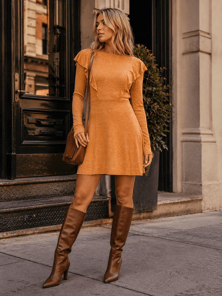 WOMEN'S LONG SLEEVE RUFFLE BODYCON MINI DRESS