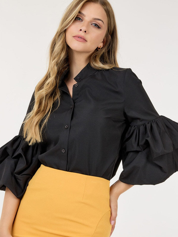 WOMEN'S 3/4 RUFFLE PUFF SLEEVE BUTTON UP BLOUSE