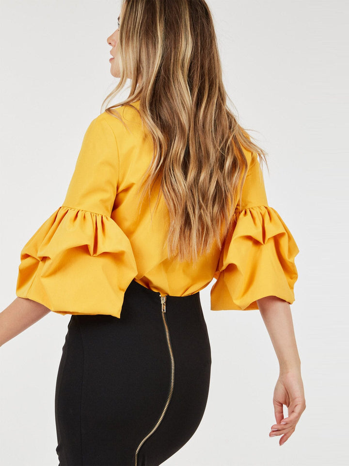 WOMEN'S 3/4 RUFFLE PUFF SLEEVE BUTTON UP BLOUSE