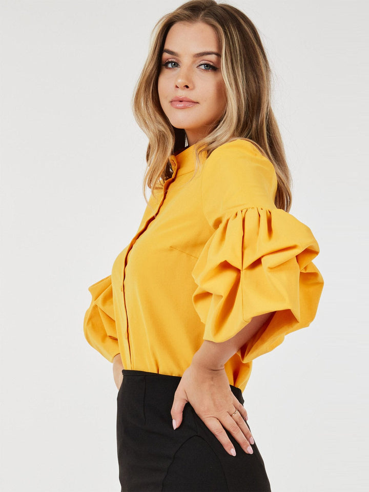 WOMEN'S 3/4 RUFFLE PUFF SLEEVE BUTTON UP BLOUSE