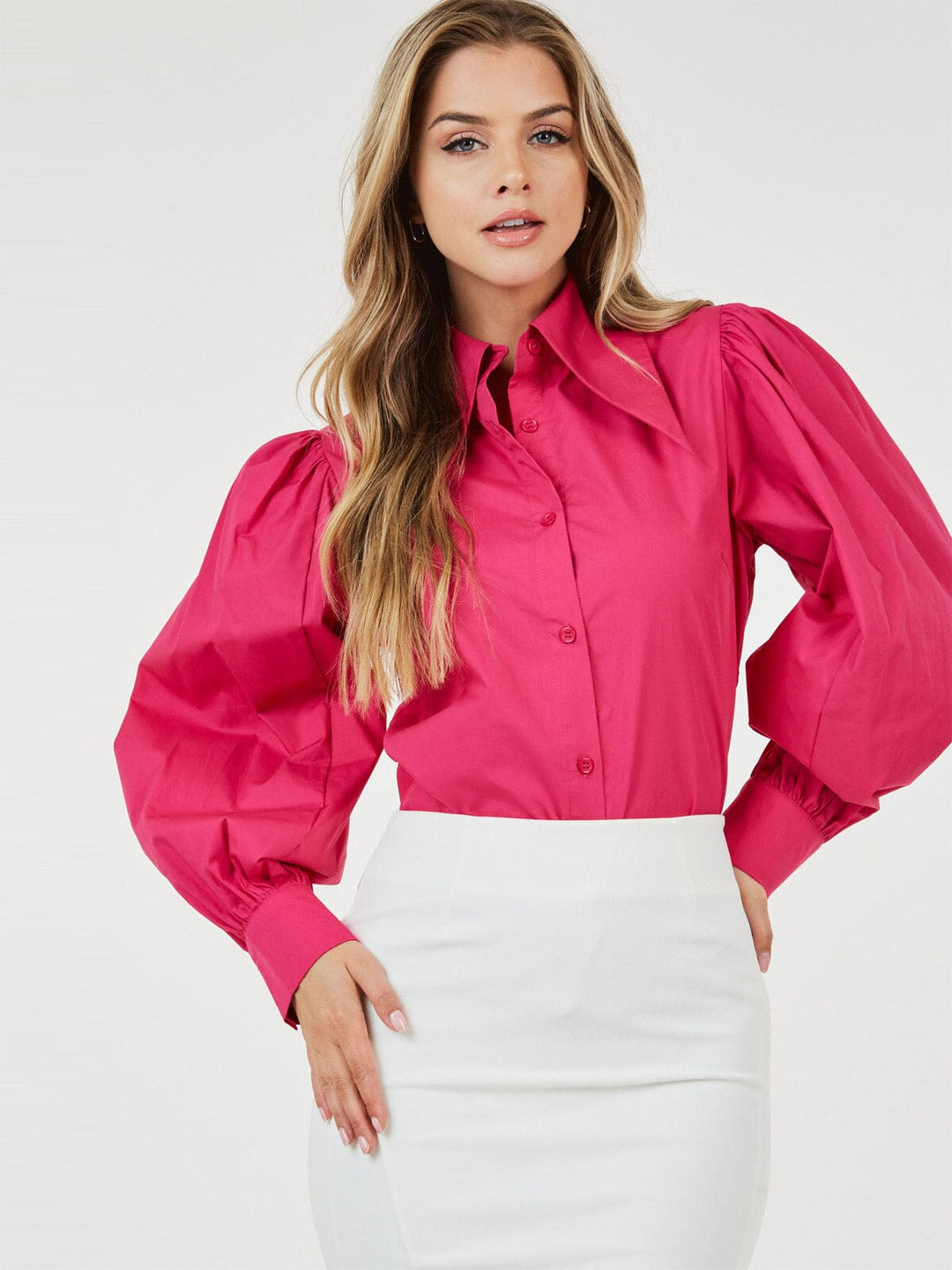 WOMEN'S LONG PUFF SLEEVE BUTTON UP BLOUSE