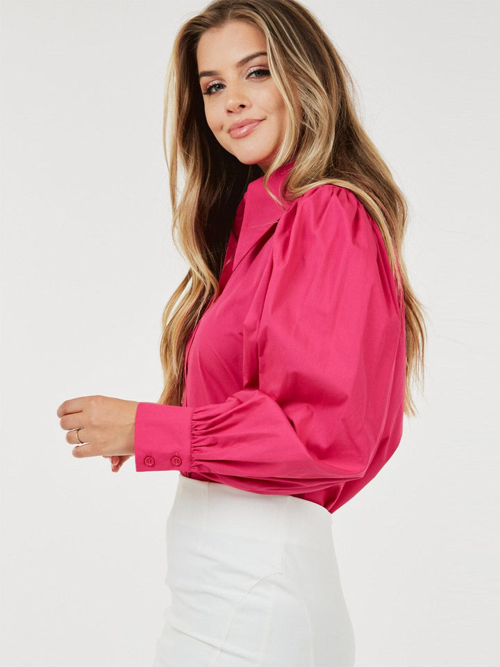 WOMEN'S LONG PUFF SLEEVE BUTTON UP BLOUSE