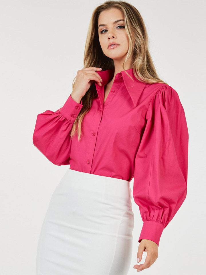 WOMEN'S LONG PUFF SLEEVE BUTTON UP BLOUSE