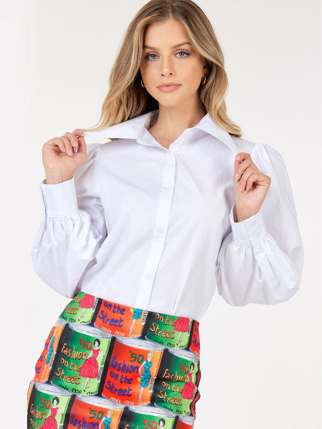 WOMEN'S LONG PUFF SLEEVE BUTTON UP BLOUSE