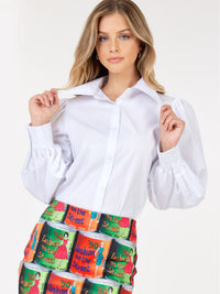 WOMEN'S LONG PUFF SLEEVE BUTTON UP BLOUSE