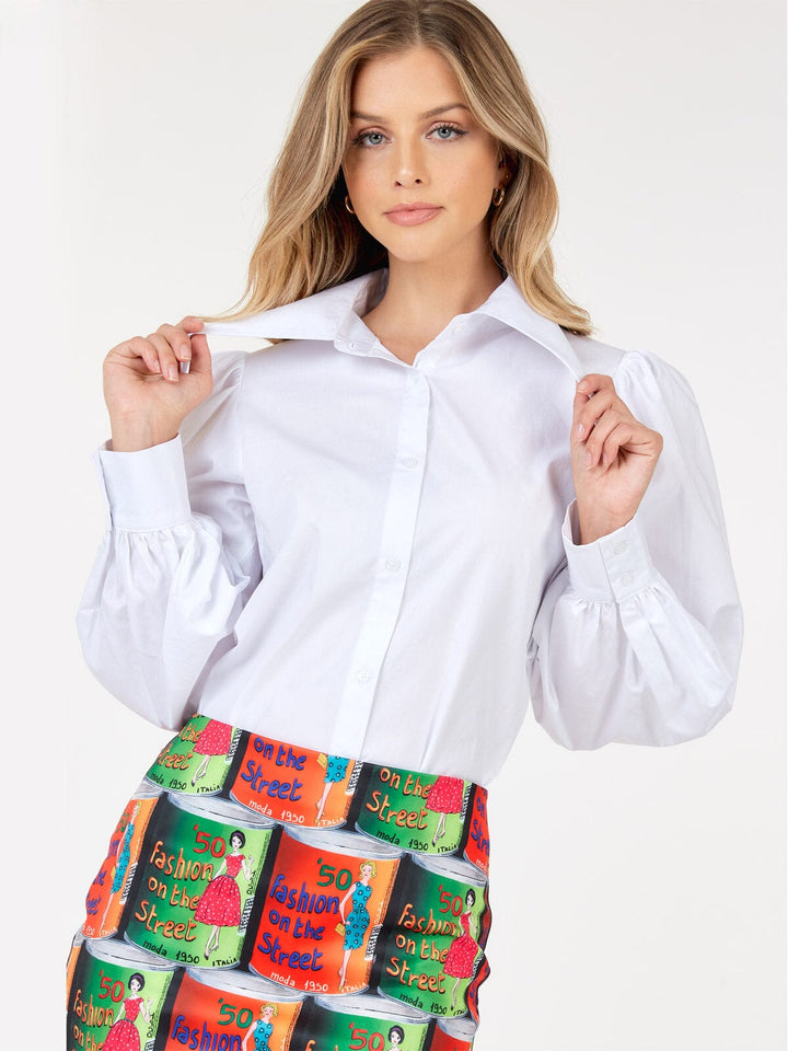 WOMEN'S LONG PUFF SLEEVE BUTTON UP BLOUSE
