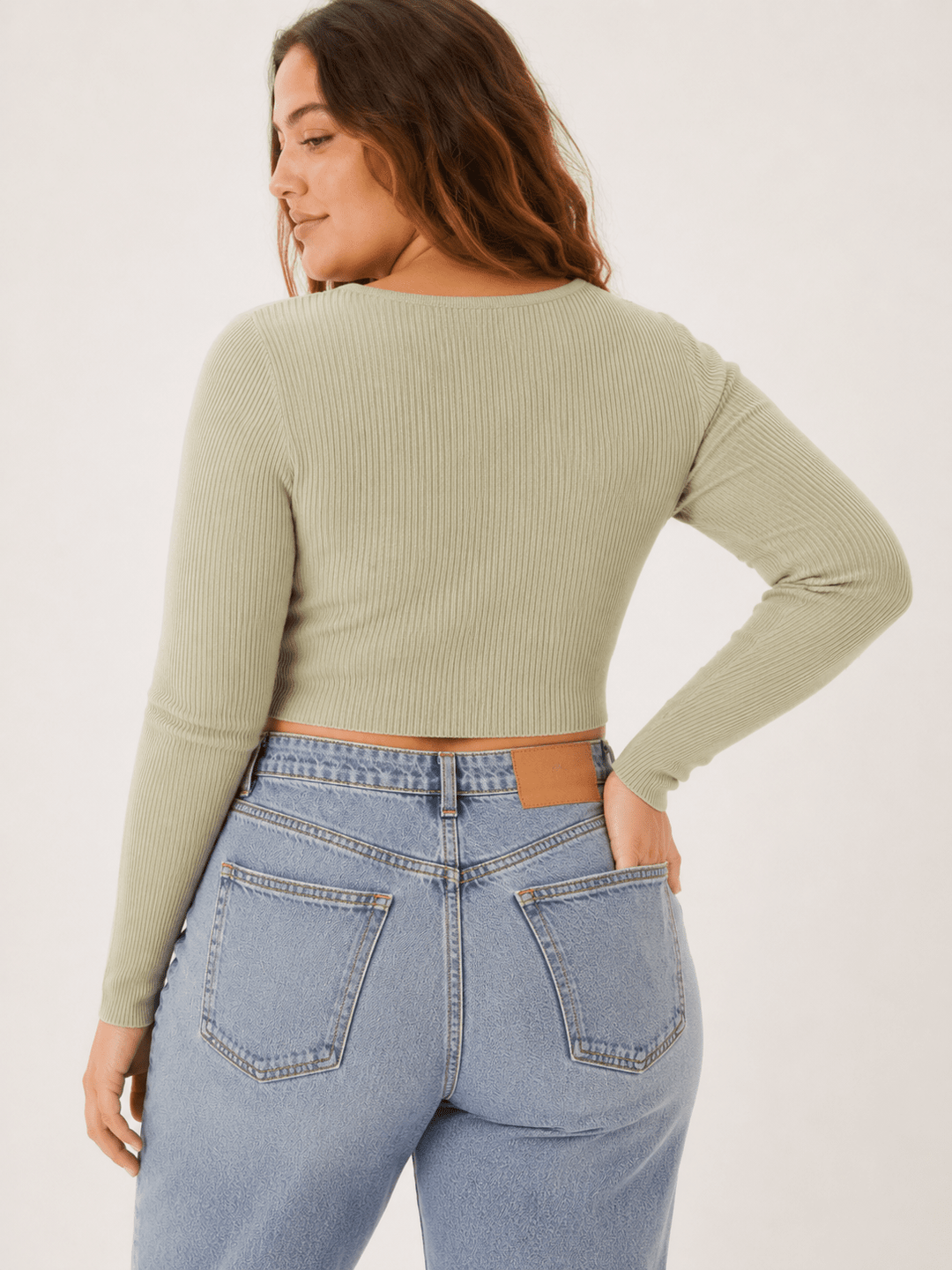 PLUS SIZE LONG SLEEVE BUTTON CLOSURE RIBBED CROP TOP