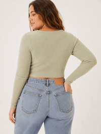 PLUS SIZE LONG SLEEVE BUTTON CLOSURE RIBBED CROP TOP