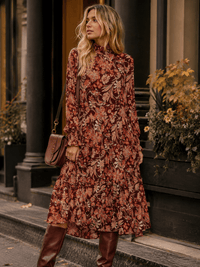 WOMEN'S LONG SLEEVE MOCK NECK FLORAL MIDI DRESS