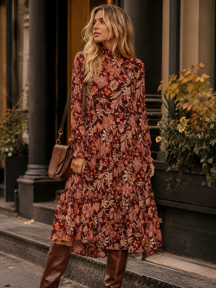 WOMEN'S LONG SLEEVE MOCK NECK FLORAL MIDI DRESS