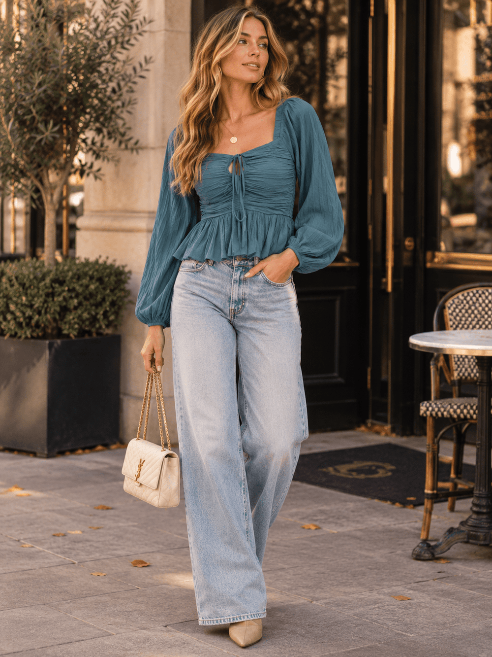 ENTRO WOMEN'S LONG SLEEVE SMOCK FRONT RUCHED BLOUSE