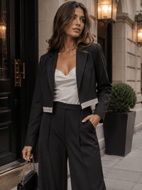 WOMEN'S LONG SLEEVE OPEN FRONT TRIM STUDS DETAILED BLAZER