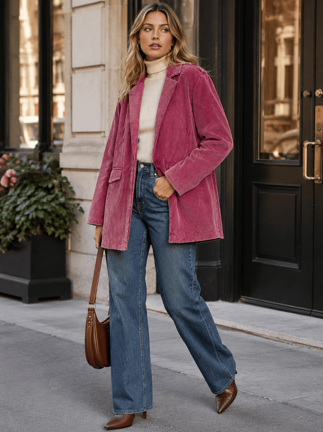 WOMEN'S LONG SLEEVE BUTTON CLOSURE FRONT POCKETS CORDUROY BLAZER