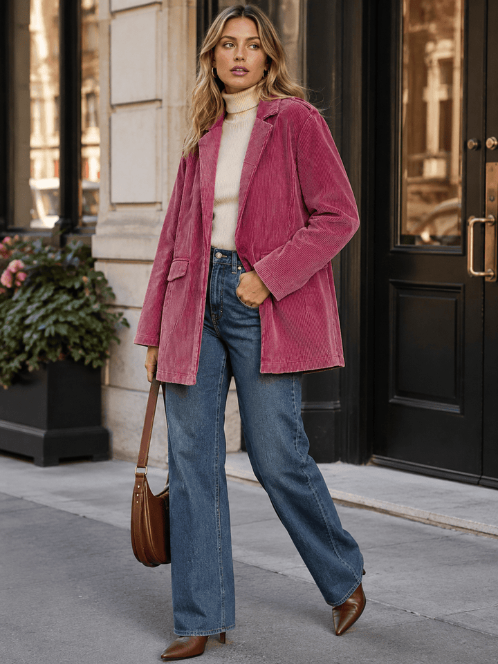 WOMEN'S LONG SLEEVE BUTTON CLOSURE FRONT POCKETS CORDUROY BLAZER