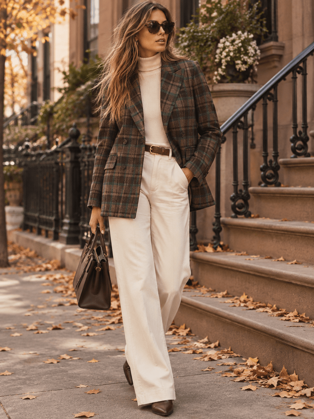ENTRO WOMEN'S LONG SLEEVE BUTTON CLOSURE FRONT POCKETS PLAID BLAZER
