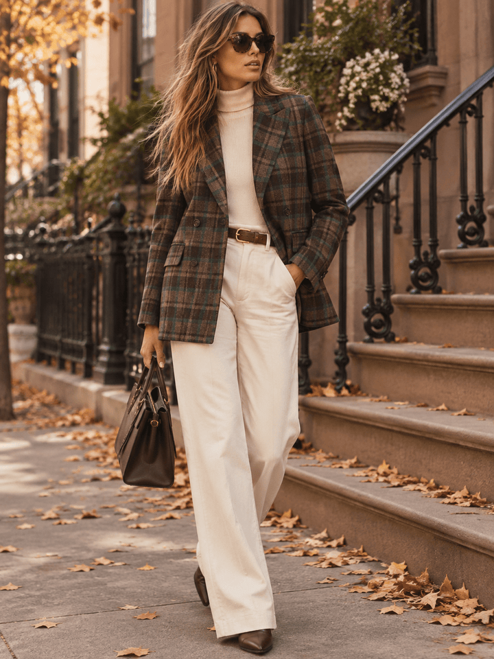 ENTRO WOMEN'S LONG SLEEVE BUTTON CLOSURE FRONT POCKETS PLAID BLAZER