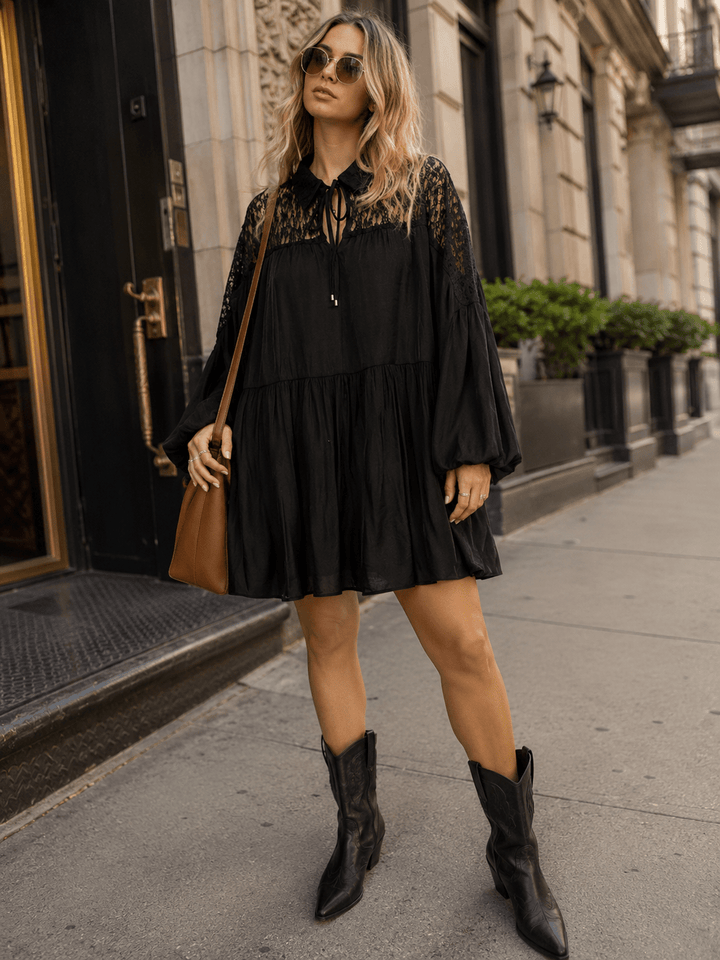 WOMEN'S LONG SLEEVE V-NECK LACE TIERED TUNIC MINI DRESS