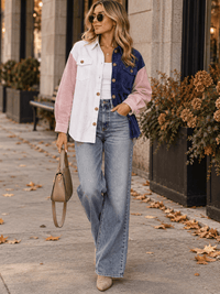 WOMEN'S LONG SLEEVE BUTTON CLOSURE POCKETS COLORBLOCK CORDUROY SHACKET