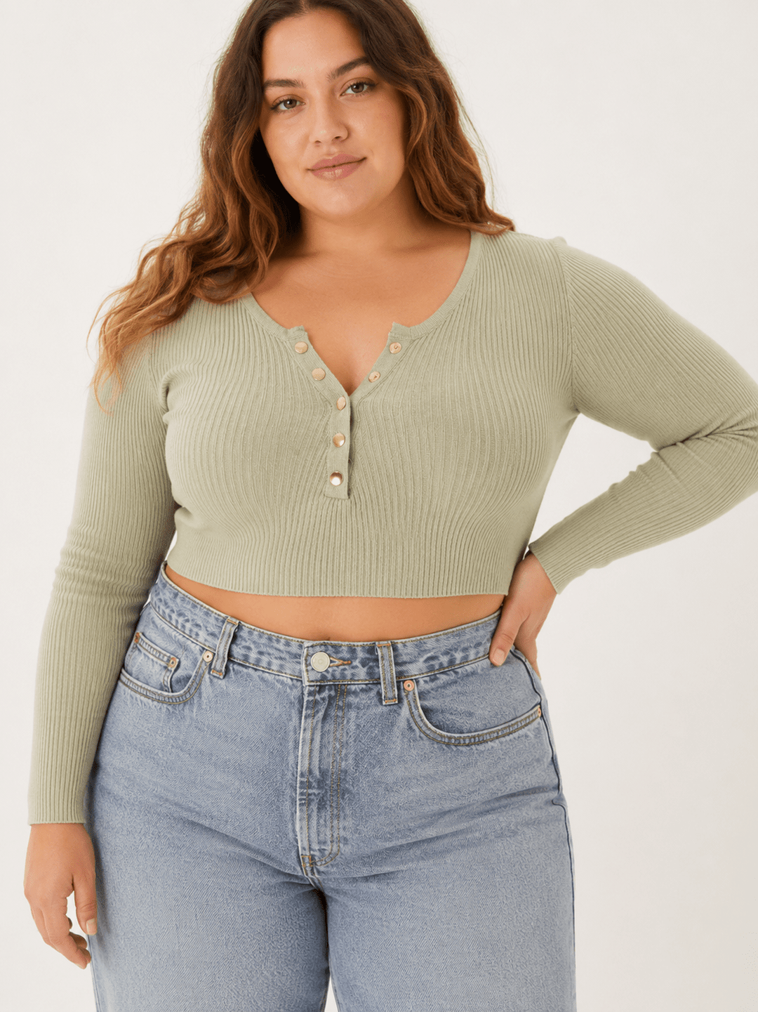 PLUS SIZE LONG SLEEVE BUTTON CLOSURE RIBBED CROP TOP