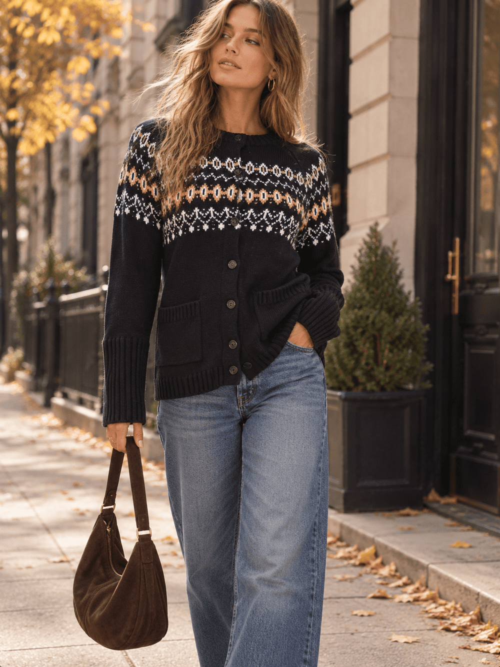 WOMEN'S LONG SLEEVE BUTTON UP FRONT POCKETS PRINT SWEATER