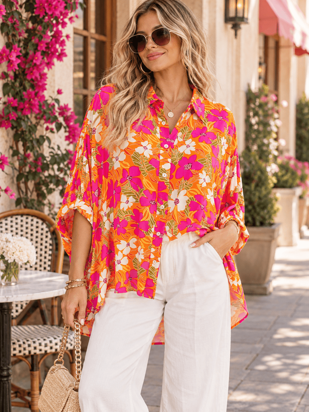 WOMEN'S SHORT SLEEVE BUTTON UP LOOSE FIT FLORAL PRINT BLOUSE