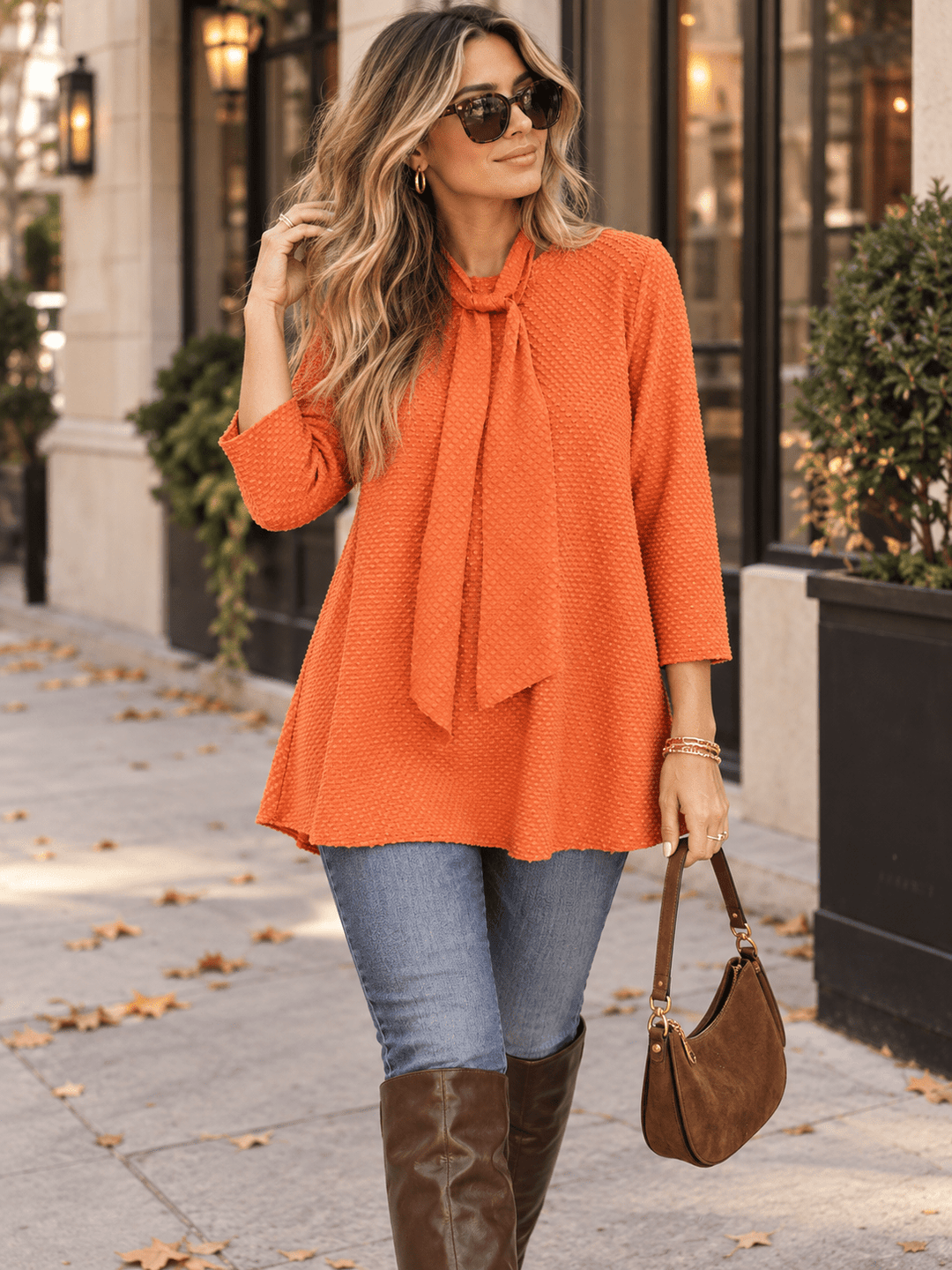 WOMEN'S 3/4 SLEEVE W/SCARF DETAILED TUNIC BLOUSE