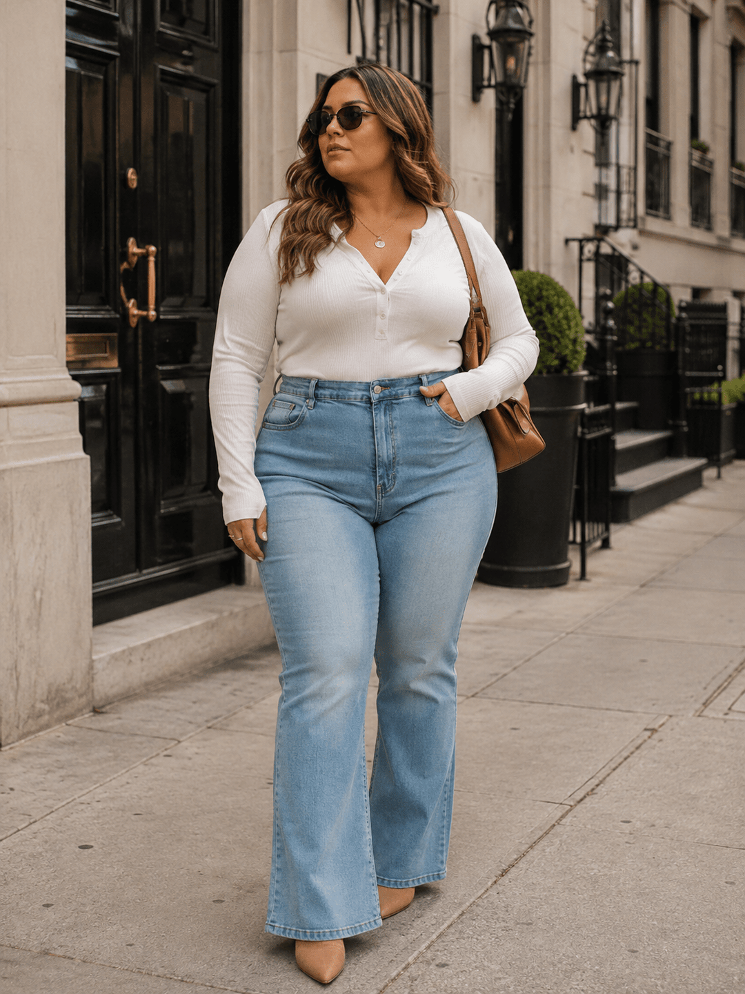 PLUS SIZE BUTTON CLOSURE POCKETS WASHED BELL BOTTOM STRETCH DENIM WASHED JEANS