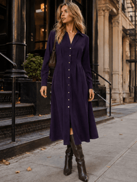 WOMEN'S LONG SLEEVE BUTTON UP V-NECK MAXI DRESS