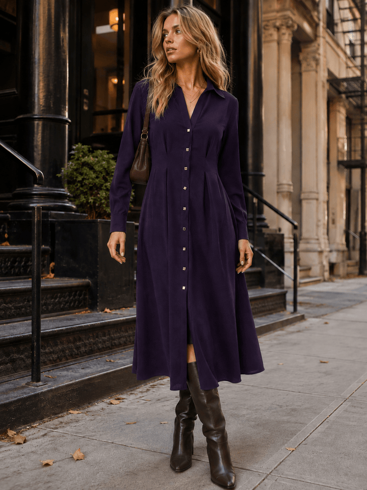 WOMEN'S LONG SLEEVE BUTTON UP V-NECK MAXI DRESS