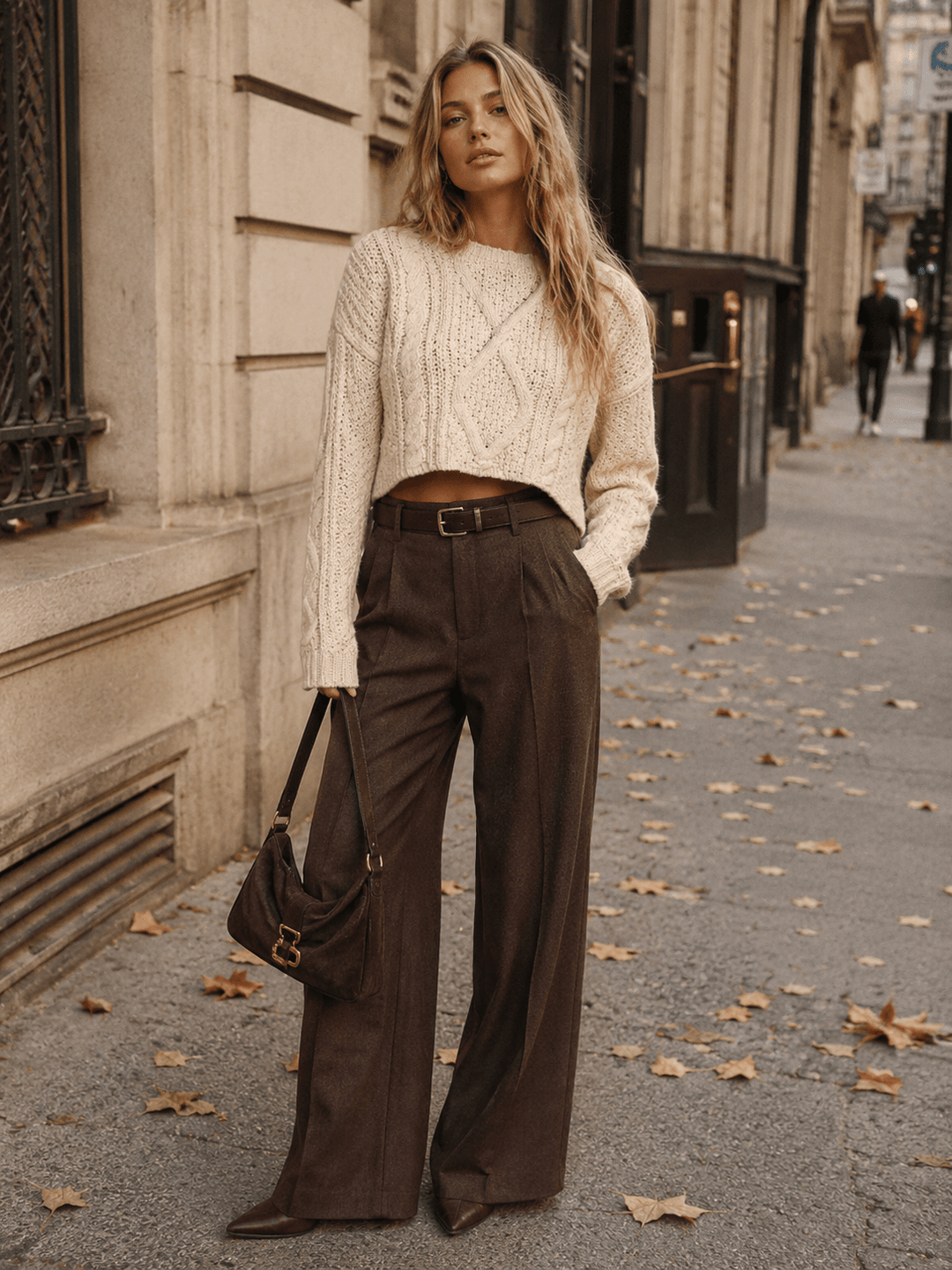 WOMEN'S LONG SLEEVE CABLE KNIT PULLOVER CROP SWEATER