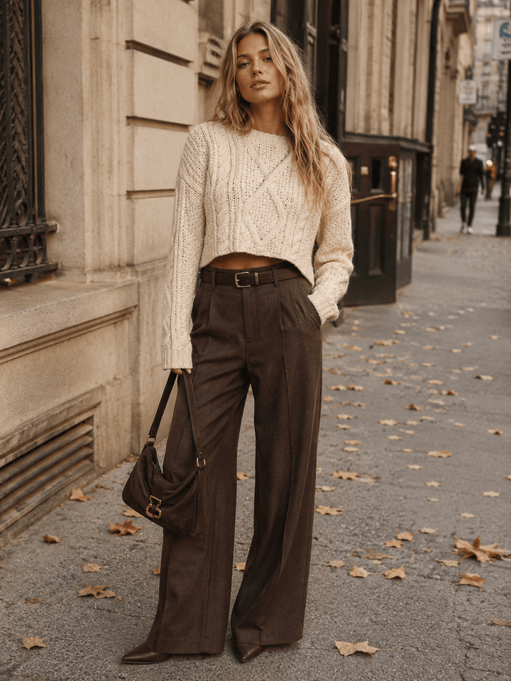 WOMEN'S LONG SLEEVE CABLE KNIT PULLOVER CROP SWEATER