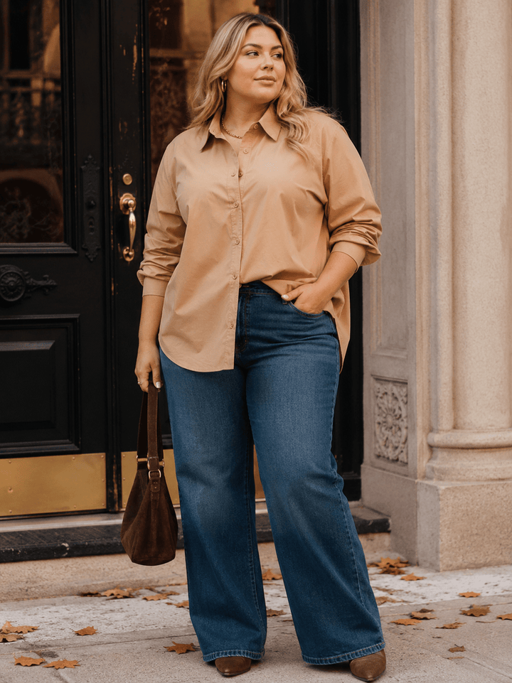 ENTRO PLUS SIZE LONG SLEEVE BUTTON UP HIGH-LOW SOLID SHIRT