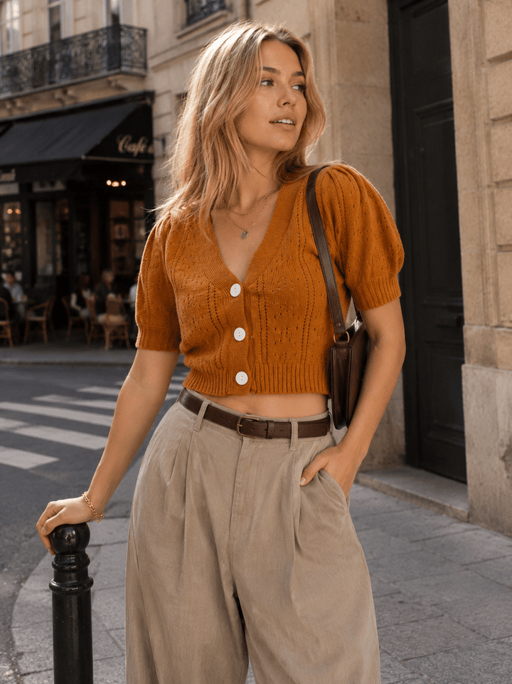 WOMEN'S SHORT SLEEVE BUTTON UP V-NECK CROCHET SWEATER TOP