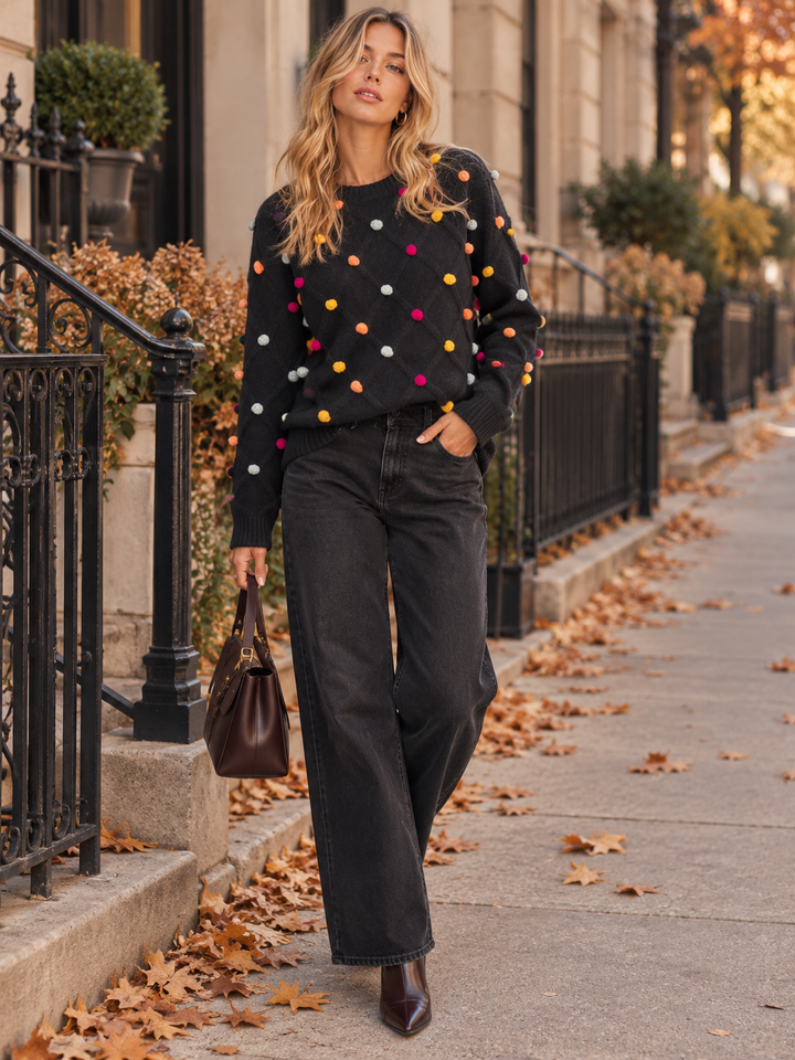 WOMEN'S LONG SLEEVE PULLOVER POM POM DETAILED SWEATER