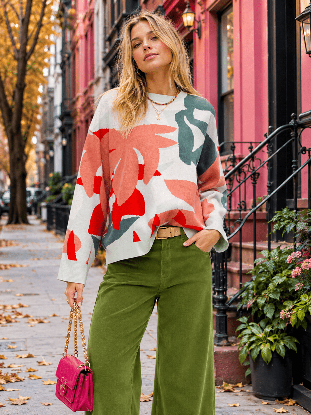 WOMEN'S LONG SLEEVE MULTI PRINT PULLOVER SWEATER