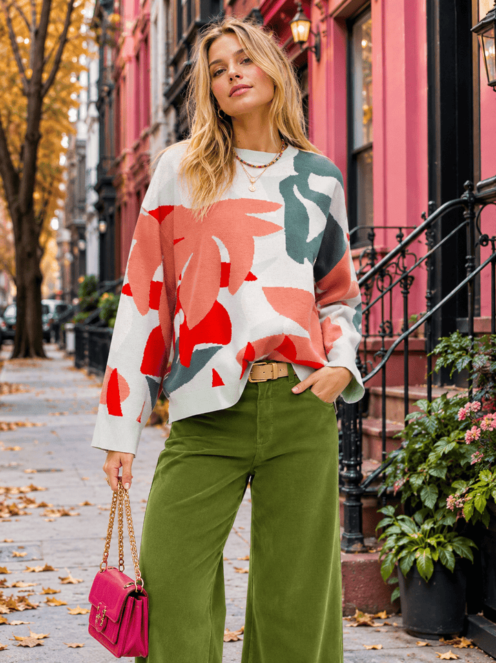 WOMEN'S LONG SLEEVE MULTI PRINT PULLOVER SWEATER