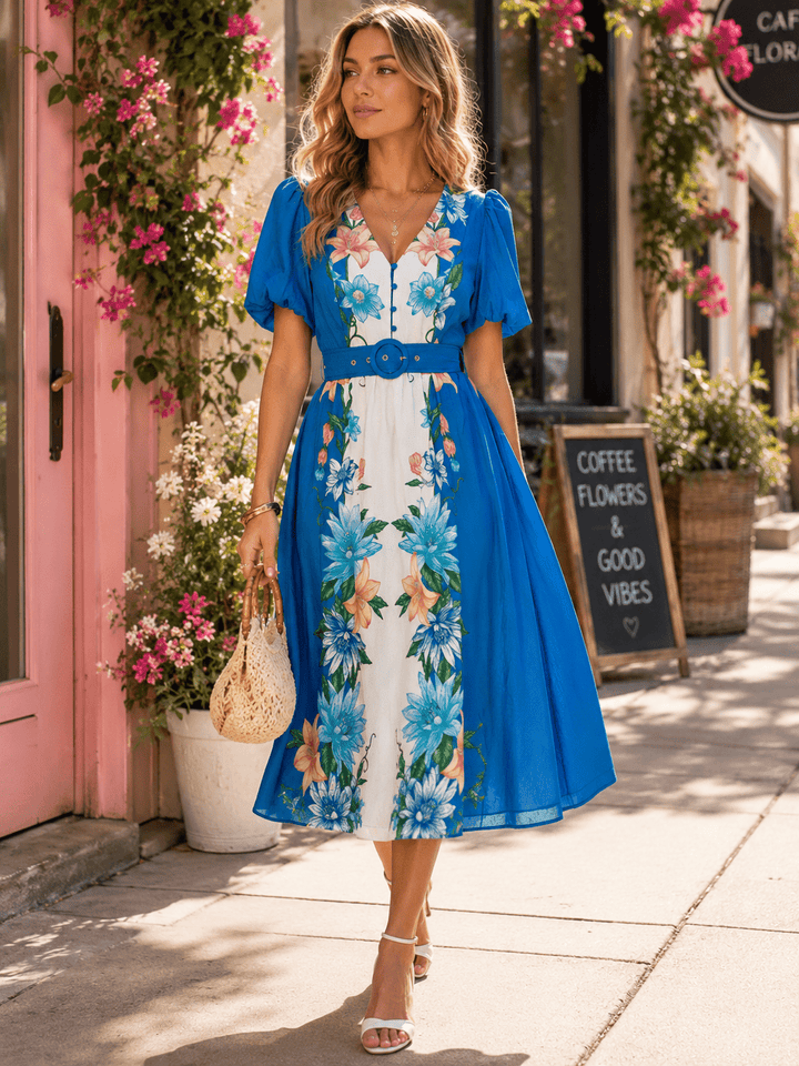 WOMEN'S SHORT PUFF SLEEVE BUTTON BELTED FLORAL PRINT MAXI DRESS