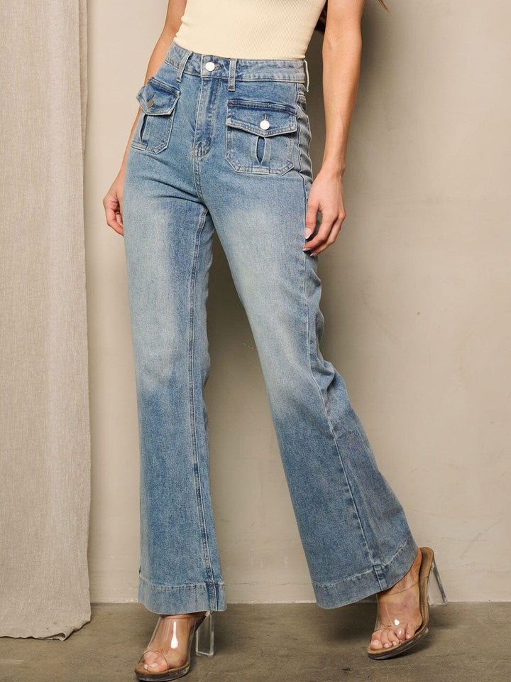 WOMEN'S HIGH WAIST POCKETS BELL BOTTOMS DENIM JEANS