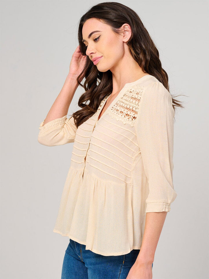 WOMEN'S 3/4 SLEEVE BUTTON UP CROCHET DETAILED BLOUSE