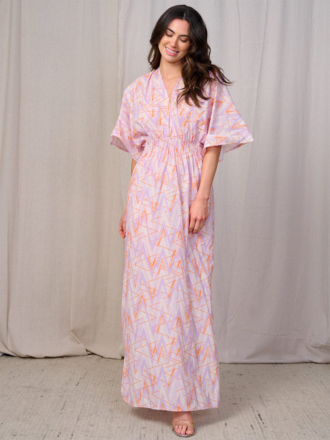 WOMEN'S SHORT SLEEVE V-NECK ELASTIC WAIST MAXI DRESS