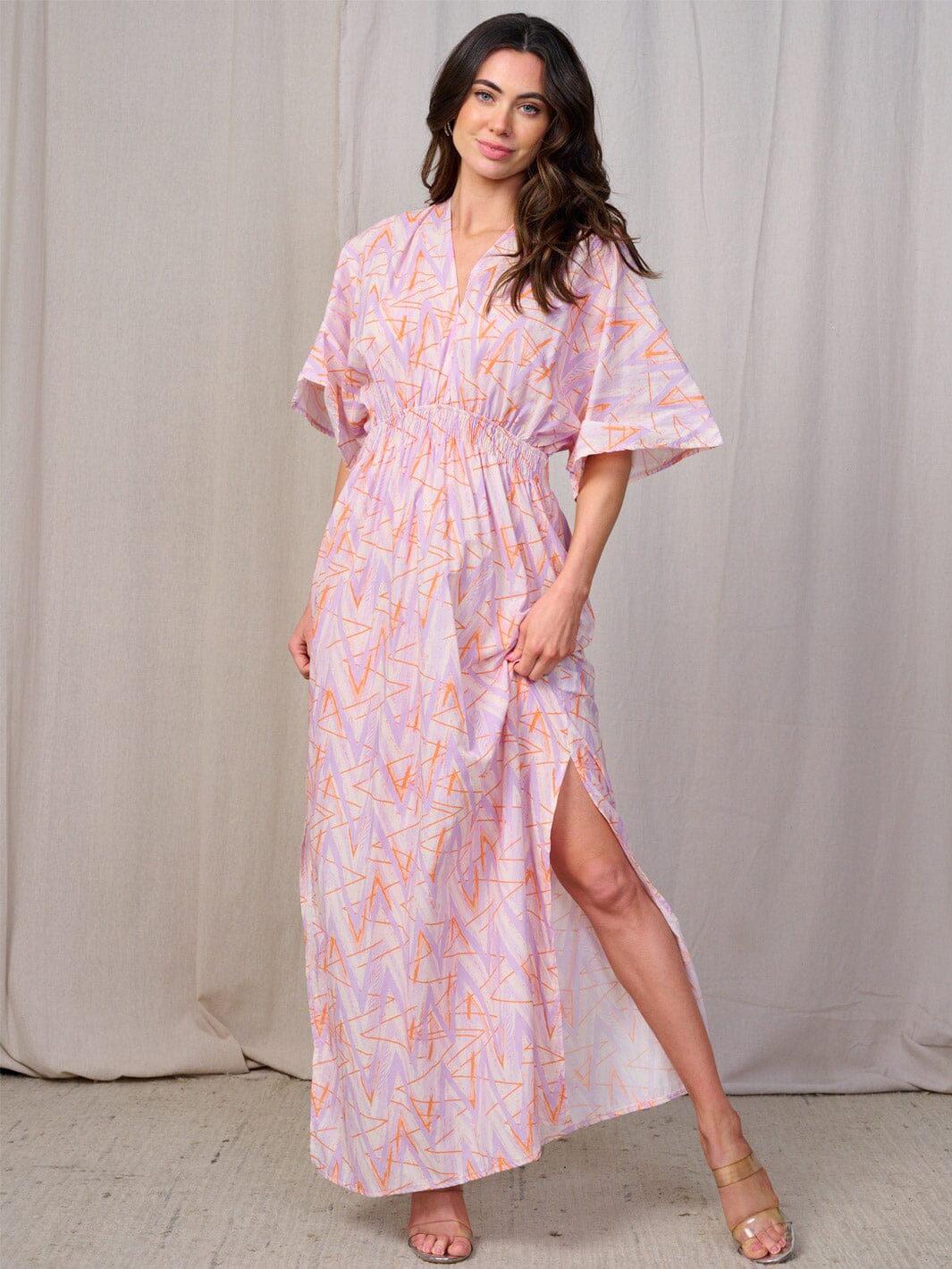 WOMEN'S SHORT SLEEVE V-NECK ELASTIC WAIST MAXI DRESS