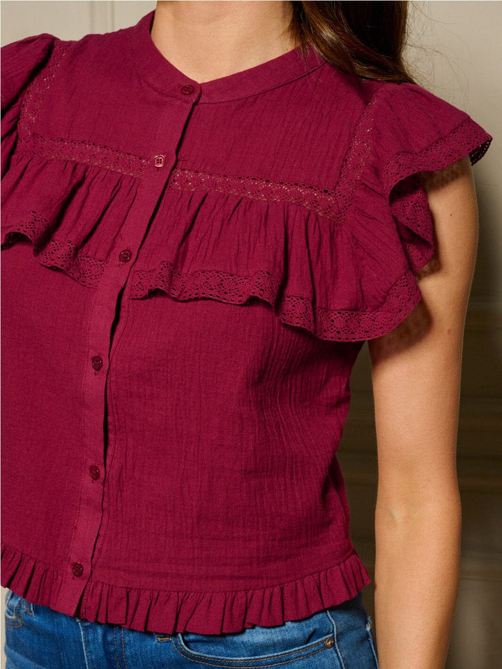 WOMEN'S RUFFLE SLEEVE BUTTON UP BLOUSE TOP