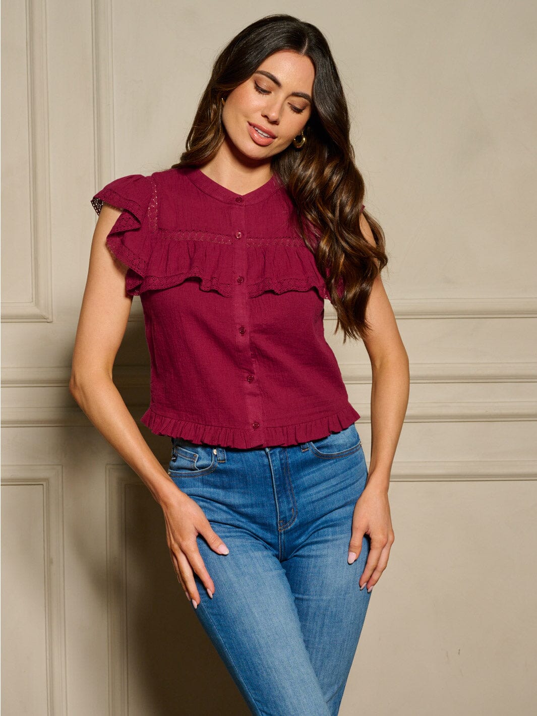 WOMEN'S RUFFLE SLEEVE BUTTON UP BLOUSE TOP