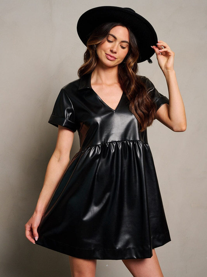 WOMEN'S SHORT SLEEVE V-NECK PU PLEATHER MINI DRESS