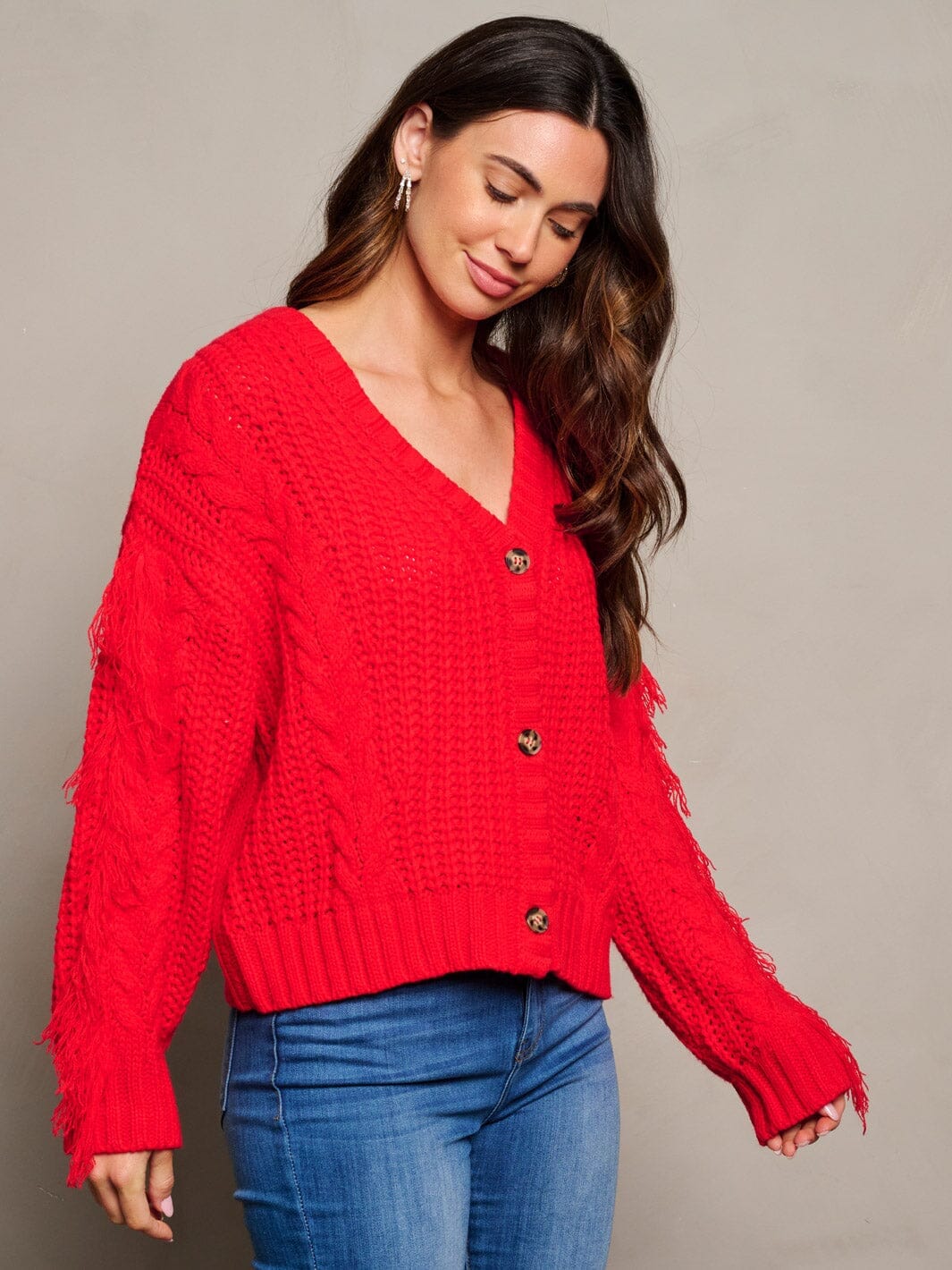 WOMEN'S LONG FRINGE SLEEVE BUTTON CLOSURE KNITTED SWEATER CARDIGAN