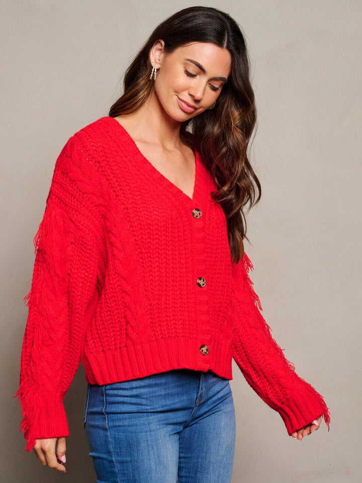 WOMEN'S LONG FRINGE SLEEVE BUTTON CLOSURE KNITTED SWEATER CARDIGAN