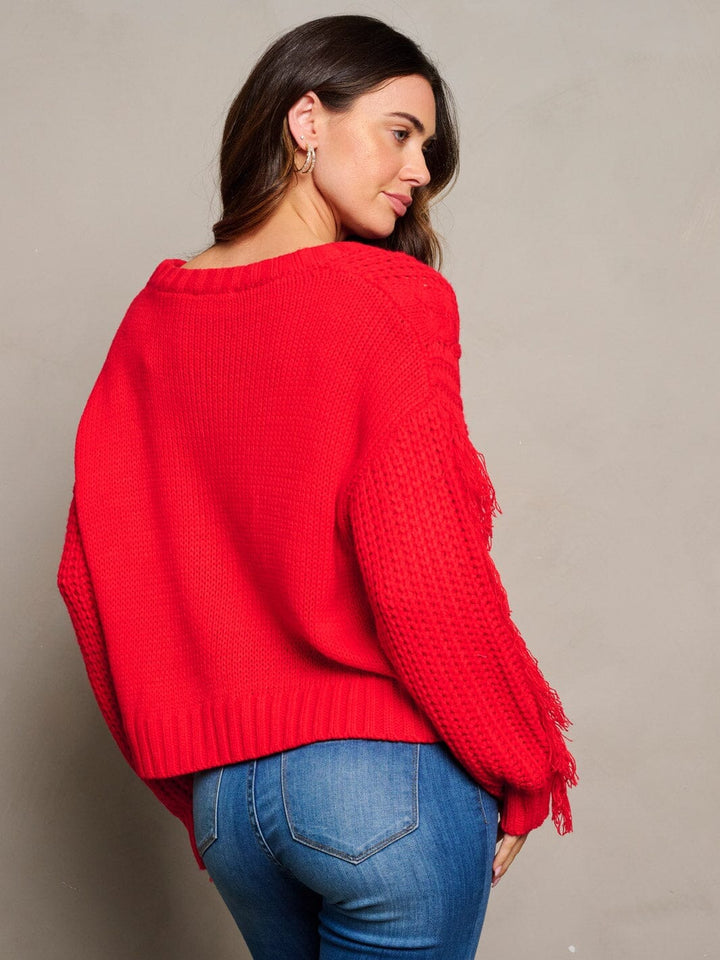 WOMEN'S LONG FRINGE SLEEVE BUTTON CLOSURE KNITTED SWEATER CARDIGAN