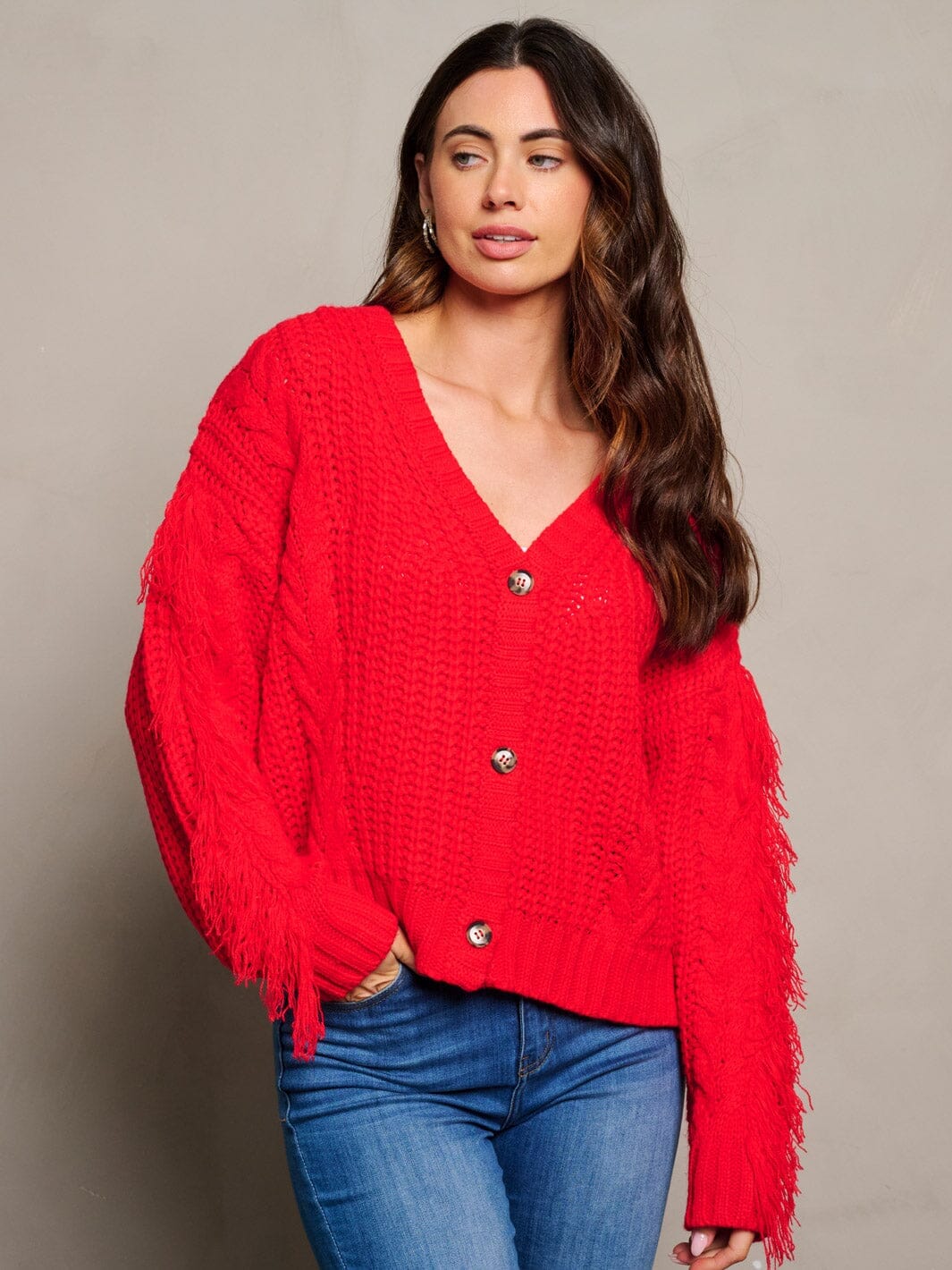 WOMEN'S LONG FRINGE SLEEVE BUTTON CLOSURE KNITTED SWEATER CARDIGAN